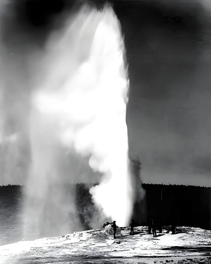 After AI enhancement (2x upscale): 1883 photo of Old Faithful geyser erupting