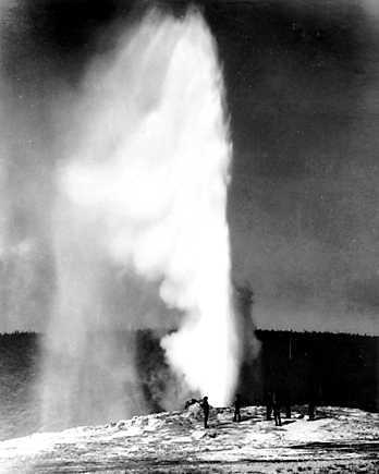 Before: 1883 photo of Old Faithful geyser erupting