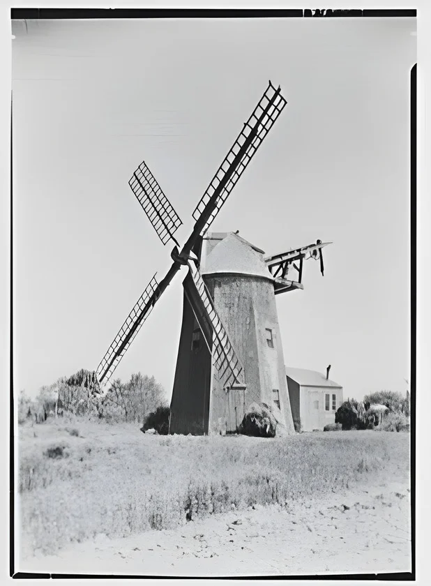 After AI enhancement (2x upscale): 1930 photo of a windmill on Long Island